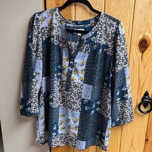 LOFT Blue and White Floral Patchwork Blouse